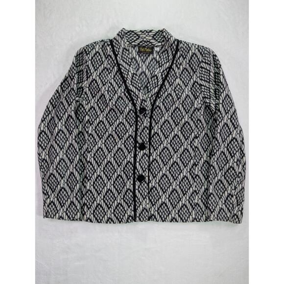 Black & White Geo/Argyle Print Size Large Fleece Button Up Jacket by Bob Mackie - Picture 1 of 10
